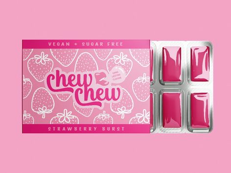 Gum packaging mockups for chew Chew! Passion project of mine. I love pink 😍 Happydent Chewing Gum, Bubble Gum Packaging Design, Bubble Gum Branding, Bubble Gum Packaging, Chewing Gum Packaging Design, Y2k Packaging Design, Bubblegum Packaging, Gum Packaging Design, Y2k Packaging