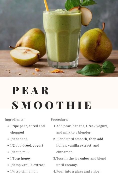 Try out this delicious pear smoothie for a refreshing drink! #FatBurningSmoothies #HealthyDrinks #WeightLossRecipes #SmoothieRecipes #DetoxSmoothies Apple And Pear Smoothie, Pear Ginger Smoothie, Pear Smoothie Recipes, Pear Ice Cream, Pear Drinks, Pear Tea, Fall Smoothies, Bullet Recipes, Nutri Bullet