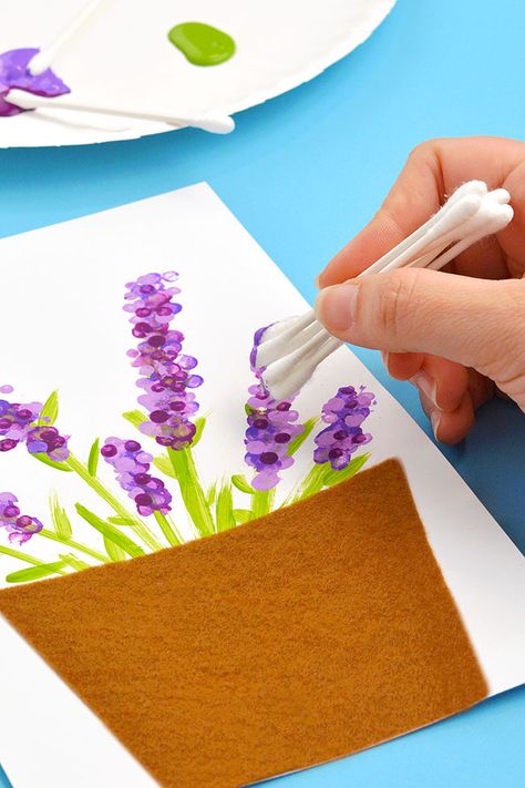 Easy Mothers Day Craft For Kids, Spring Day Art For Kids, Lilac Crafts For Kids, Arts And Crafts For Spring, Purple Colour Day Craft, Cotton Tip Painting, Toddler Flower Art, Mother’s Day Painting For Kids, Elderly Crafts Assisted Living