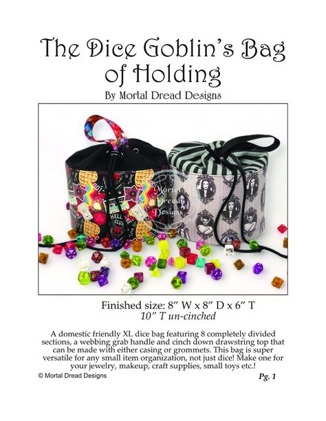 The Dice Goblin's Bag of Holding (PDF pattern only) - Mortal Dread Designs Diy Dice Bag, Dread Designs, Iron And Ironing Board, Diy Dice, Bag Of Holding, Staple Remover, Chalk Pencil, Pinking Shears, Mini Figurine