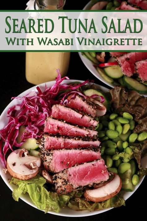 A colourful salad with sesame crusted seared tuna on top, and a bottle of wasabi vinaigrette dressing behind it. Asian Tuna Salad Recipe, Wasabi Vinaigrette, Wasabi Dressing, Seared Tuna Salad, Tuna Dinners, Healthy Fats Foods, Vinaigrette Salad, Seared Tuna, Tuna Salad Recipe