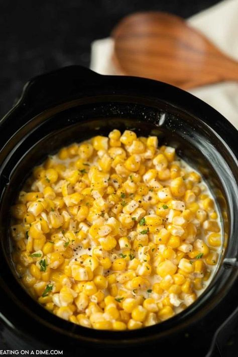 Crock Pot Creamed Corn - Eating on a Dime Cream Corn Recipe Crock Pot, Creamed Corn Recipe Easy, Cooking Sweet Corn, Homemade Cream Corn, Slow Cooker Creamed Corn, Creamed Corn Recipes, Best Thanksgiving Side Dishes, Cream Corn, Creamy Corn