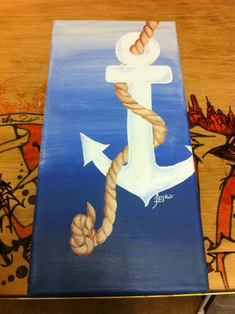 14x6 canvas  Acrylic painting anchor Anchor Painting Ideas, Anchor Canvas Paintings, Nautical Painting Ideas, Anchor Painting, Butler Art, Beachy Art, Kids Canvas Art, Beach Art Painting, Canvas Acrylic Painting