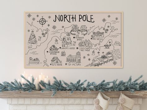 Christmas Frame Tv Art, Retro Christmas Art, Window Painting Christmas, North Pole Map, Santa Village, Frame Tv Art Christmas, Xmas Window, Village Map, Santa's Village