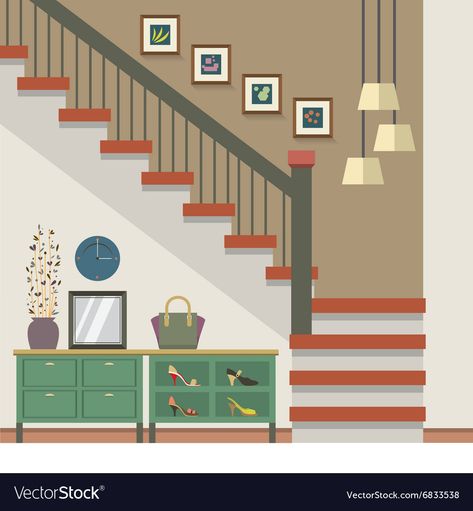 Hallway Decoration Royalty Free Vector Image - VectorStock Couch Under Stairs, Christmas Stairs Decorations, Bathroom Under Stairs, Cantilever Stairs, Hallway Decoration, Bobs Furniture, Basement Layout, Beautiful Stairs, Building Stairs