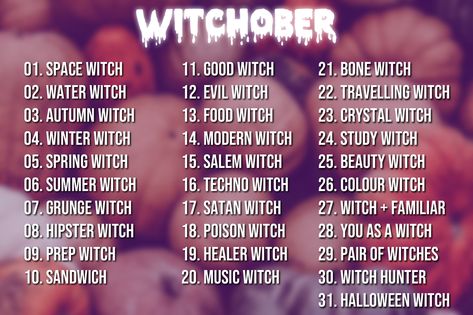 witch themed october 2018 drawing prompts! 31 day art challenge Witch Challenge 30 Day, Witch Drawing Prompts, October Drawing Challenge 2023, 31 Day Art Challenge, Halloween Art Prompts, September Art Prompts, October Drawing Promts, October Art Challenge, October Art Prompts