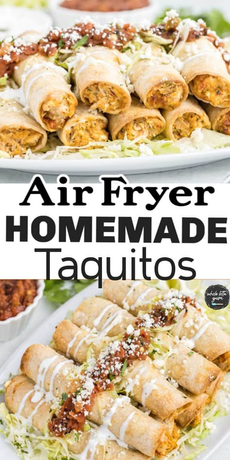 Crispy air fryer taquitos are a delicious snack or party appetizer that can be filled with shredded chicken, beef, or pork. Requiring little oil makes them a lot healthier than the deep fried alternative. Have them to the table in less than 30 minutes, guaranteed to be a Whole Lotta Yum! Chicken Taquitos Air Fryer, Taquitos Air Fryer, Air Fryer Chicken Taquitos, Air Fryer Taquitos, Happy Family Recipe, Homemade Taquitos, Chicken Breast Recipes Baked, Chicken Taquitos, Chicken Spices