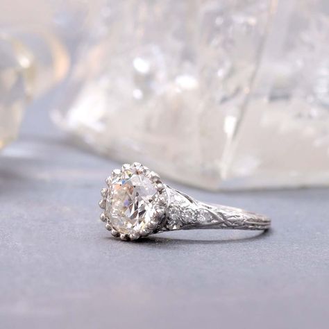 Such a special ring 💫🤍✨️ A truly magnificent Edwardian era antique engagement ring with a stunning, very high quality Old European Cut diamond. The faceting of this antique diamond is simply sublime. This is a mined diamond that weighs 2.08 carats, is H color and VS1 clarity with GIA Report #2231282177. This rare high color Old European Cut diamond is the highlight of this stunning platinum Edwardian engagement ring. The diamond encrusted ring has an intricate and delicate design. The se... Edwardian Engagement Ring, Antique Engagement Ring, Special Ring, Antique Engagement, Delicate Design, Antique Engagement Rings, Edwardian Era, European Cut Diamonds, Antique Diamond