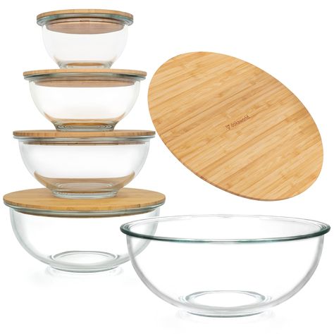 PRICES MAY VARY. SPACE-SAVING: STACKABLE glass mixing bowls will save space in your kitchen. The glass round bowls with lids are stackable and neatly nest inside each other, allowing you to store them in cupboards. Compact and oven safe glass bowls. KEEP FOOD FRESH LONGER: Each of our glass bowls with lids keeps the contents fresh and prevents unpleasant odors. These nesting bowls with lids set fit perfect for food storage too. ULTRA DURABLE: Our glass bowls are made of BOROSILICATE GLASS, which Bowls With Lids, Baking Bowl, Challenge Ideas, Glass Mixing Bowls, Salad Bowls Set, Kitchen Bowls, Mixing Bowls Set, Glass Food Storage, Glass Food Storage Containers