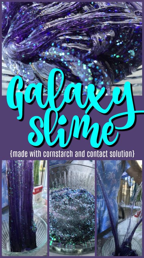 Galaxy Slime Recipe: Using Contact Solution and Clear Glue - Money Savvy Living Slime Recipe Clear Glue, Slime Recipe Clear, Galaxy Slime Recipe, Slime Party Ideas, Cornstarch Slime, Housekeeping Week, Slime With Contact Solution, Glitter Galaxy, School Science Projects