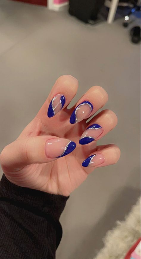 White With Royal Blue Nails, Navy Blue French Tips Almond, Hoco Nails Royal Blue, Royal Blue Formal Nails, Dark Blue Almond Nail Designs, Sparkly Dark Blue Nails, Nail Inspo Royal Blue, Royal Blue Almond Nails Design, Dark Blue Nails Almond