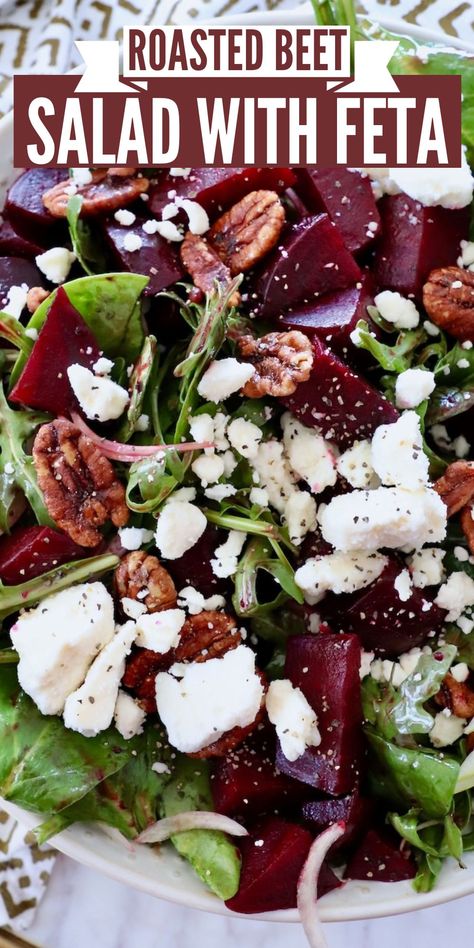 Make the best Beet Salad with this easy recipe that features roasted beets tossed with arugula, spinach and balsamic vinaigrette dressing. This healthy salad is finished with fresh pear slices, feta cheese and candied pecans for a delicious combination of flavors and textures. Spinach Beet Salad Recipes, Spinach Beet Feta Salad, Spinach And Beet Salad Recipes, Spinach Beet Salad, Beet Salad With Goat Cheese, Beetroot And Feta Salad, Pickled Beet Salad, Beet Salad With Feta, Raspberry Vinaigrette Salad