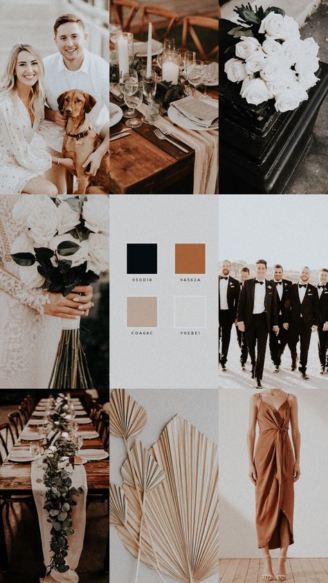 Rust Cream And Black Wedding, Black Taupe Wedding, Terracotta And Black Wedding Theme, Black Wedding Mood Board, Black White And Amber Wedding, Fall Wedding Color Schemes Black, Old Hollywood Fall Wedding, Sage Green Rust And Black Wedding, Rust Black And White Wedding