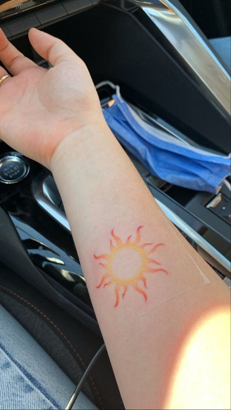 Sun Tattoo In Color, Pink Sun Tattoo, Yellow Moon Tattoo, Colourful Sun Tattoo, Sunshine Tattoo Color, Watercolour Sun Tattoo, Colour Sun Tattoo, Tattoo Of The Sun, Blue Sun Tattoo