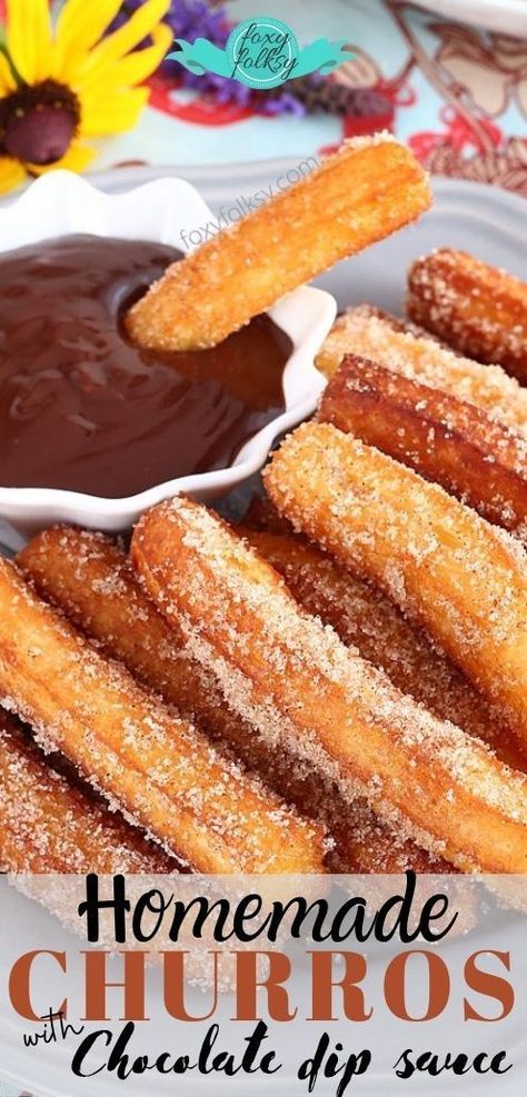 These crunchy, dough-filled goodies dipped in yummy chocolate sauce are always a hit with the kids and the "young at heart"! Who can resist dunkin' these fried treats in sweet melted choco? Not me for sure! | www.foxyfolksy.com #churros #homemade #sweettreats #chocodip Chocolate For Churros, Churros Chocolate Sauce, Churros With Chocolate Sauce, Churro Chocolate Sauce, Chocolate Sauce For Churros, Filled Churros, Easy Churros, Foxy Folksy, Doughnut Recipe Easy