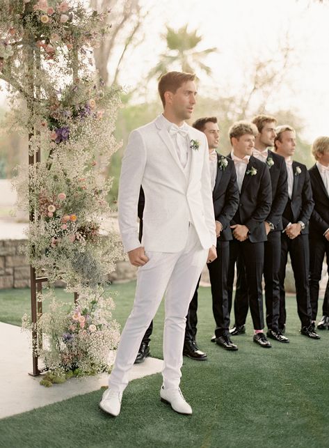 Capron Funk in an all white tux for his wedding day watching Rydel come down the aisle. Groom All White Tuxedo, White Tux Men Wedding, White Suits Wedding Mens, All White Tuxedo Wedding Groom, All White Wedding Suit Groom, Suits Men White, Groom White Suit Wedding, Wedding Tux For Groom, All White Wedding Suit