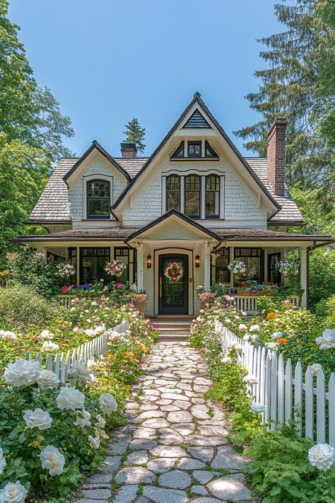 Double Story Cottage House, Vintage Cottage House Exterior, Bohemian Cottage Exterior, Country Cottage Outside, Large Cottage Style Homes, Story Book Homes, Cottage Style Home Exterior, Fairytale House Aesthetic, Mansion Cottagecore