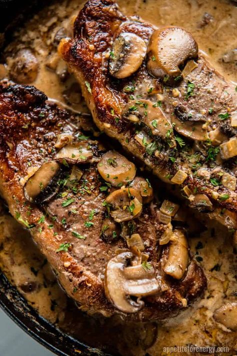 Keto Skillet Steak with Mushroom Sauce | Appetite For Energy Healthy Steak Dinner, Steak With Mushroom Sauce, Mushroom Sauce Steak, Healthy Steak, Steak Dinner Recipes, Skillet Steak, Mushroom Sauce Recipe, Steak Sauce, Strip Steak