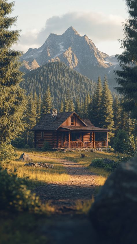 Title: Cozy mountain retreat amidst lush forest scenery Farm In Forest, Cabin In Montana, Mountain Lake Cabin, Mountain Cottage Aesthetic, Mountain Home Aesthetic, Forest House Mountain, Mountain Cabin Aesthetic, Forest Cottage Aesthetic, Appalachia Aesthetic