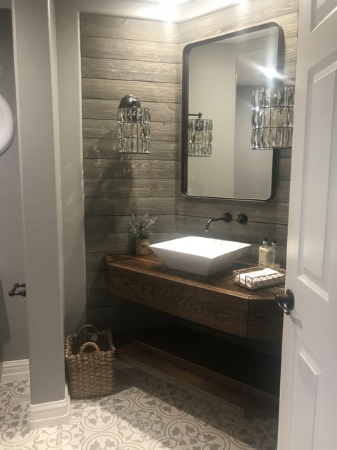 Powder Room with a rustic, industrial look and a touch of glam. Rustic Glam Bathroom Ideas, Half Bath Ideas Powder Rooms, Powder Room Ideas Farmhouse, Rustic Glam Bathroom, Rustic Powder Room Ideas, Powder Room Vanity Ideas, Glam Bathroom Ideas, Washroom Tiles, Rustic Powder Room