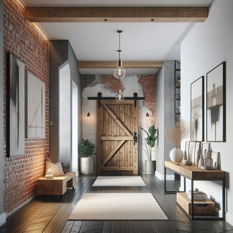 The hallway features an exposed brick wall on one side, offset with clean, white painted walls. A reclaimed barn door adds to the rustic appeal while modern art pieces add a contemporary twist. An expansive timber console table holds a minimalist vase and a couple of books. The flooring is dark hardwood which contrasts nicely against a soft, neutral colored rug. Overhead, pendant lights with Edison bulbs dimly illuminate the corridor adding a warm, inviting glow. Exposed Brick Hallway, Brick Hallway, Rustic Industrial Farmhouse, Industrial Entryway, Entryway Inspiration, Brick And Wood, Entry Way Design, Farmhouse Interior, Industrial Farmhouse