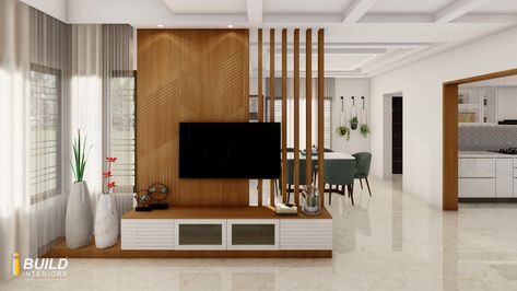 Living Room Partition Wall With Tv Unit, Room Divider Tv Unit, Modular Tv Unit Design For Living Room, Tv Unit On Partition, Hall Partion Ideas With Tv, Living Room Partition With Tv Unit, Partition Tv Unit Design, Living Room Divider With Tv Unit, Partition With Tv Unit Interior Design