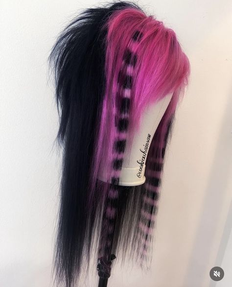 Pink And Purple Raccoon Tail Hair, Brown Hair With Raccoon Tails, Raccoon Tails Hairstyle, Purple Racoon Tail Hair, Rainbow Raccoon Tail Hair, Pink And Black Scene Hair, Scene Hair Wig, Pink Racoon Tail Hair, Pink Emo Hair