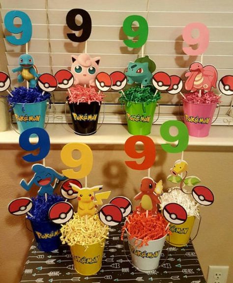 Pokemon Centerpieces Pokemon Centerpieces, Pokémon Birthday Party, Pokemon Party Decorations, Pokemon Themed Party, Pokémon Birthday, Pokemon Birthday Party, Mega Evolution, 9th Birthday Parties, Pokemon Party