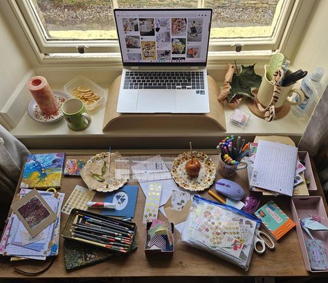 a cluttered desk covered with various craft supplies and a laptop browsing pinterest Messy Desk, Dorm Room, Desk, Arts And Crafts