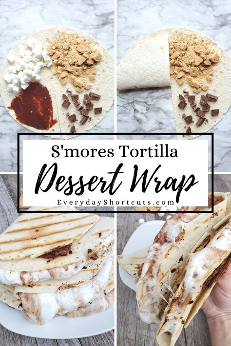 S'mores ingredients in a tortilla wrap S’more Crunchwrap, Tortilla Wrap Recipes Desserts, Desert Tortilla Wrap, Wrap Dessert Ideas, Sweet Wraps Recipes, S’mores Tortilla, S’mores Quesadilla, Smores Tortilla Wrap, Uses For Tortilla Wraps