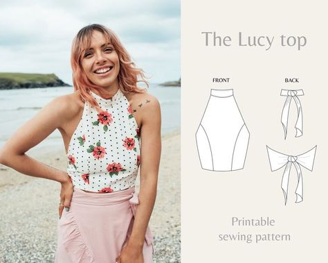 The cover image of a PDF sewing pattern. To the left is a pink haired woman at the beach wearing a high neck white polka dot and floral print crop top and a pink skirt. Alongside a technical flat drawing to the right, of the top worn by the woman. The text reads "the Lucy top. Printable sewing pattern". Crop Top Styles, Womens High Waisted Shorts, Crop Top Pattern, Crochet Crop Top Pattern, Printable Sewing Patterns, High Neck Crop Top, Diy Vetement, Couture Mode, Top Sewing Pattern