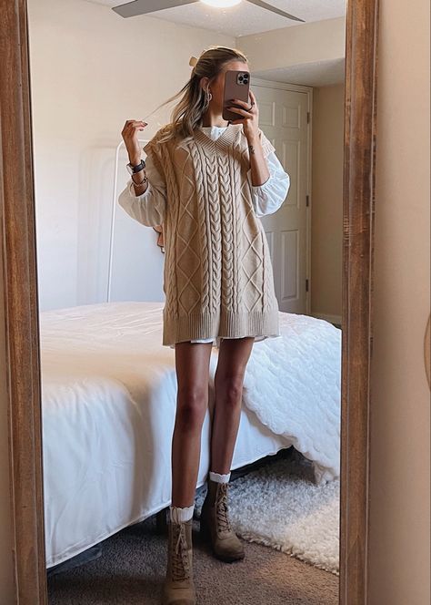 Tan Sweater Vest Dress Outfit, Sweater Dress With Shirt Under, Sweater Dress Vest Outfit, White Long Sleeve With Vest, Oversized Sweater Vest Dress, White Collar Under Sweater, Sweater Layered Over Dress, Sweater Vest With Dress, Sweater On Top Of Dress Outfit