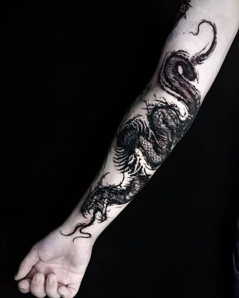 Goth Dragon Tattoo, Dark Tattoo Ideas For Men, Snake And Dragon Tattoo, Gothic Dragon Tattoo, Goth Arm Tattoo, Goth Tattoo Designs, Dark Fantasy Tattoo, Snake Forearm Tattoo, Forearm Tats