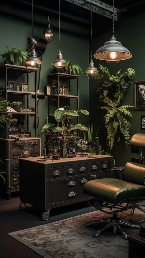 Green Nail Salon Interior Design, Home Barbershop Ideas, Tattoo Salon Design, Tattoo Parlor Interior, Goth Salon, Tattoo Shop Aesthetic, Dark Green Office, Tattoo Room, Tattoo Shop Interior