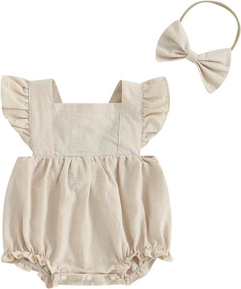 Amazon.com: Douhoow Newborn Baby Girl Clothes Baby Girl Romper Cotton Linen Romper Baby Girl Bodysuit with Headband (Beige, 12-18 Months): Clothing, Shoes & Jewelry Dusty Pink Baby Clothes, Baby Girl Clothes Newborn Pink, Newborn Baby Girl Clothes, Baby Girl Closet, Baby Pajamas Girl, Girl Clothes Baby, Winter Playwear For Babies In Pink, Baby Girl Pajamas, Linen Romper