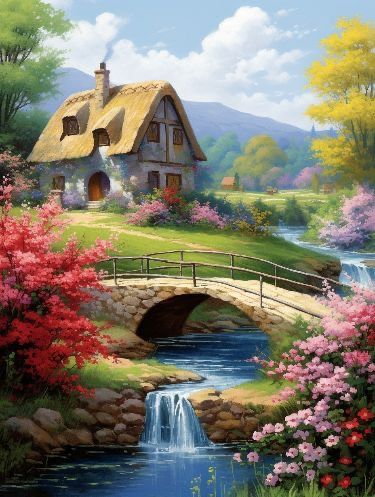 Village Scenery, Diamond Dots, Diamond Art Kits, Art Village, Scenery Paintings, Cottage Art, Landscape Art Painting, Gems Art, Landscape Scenery