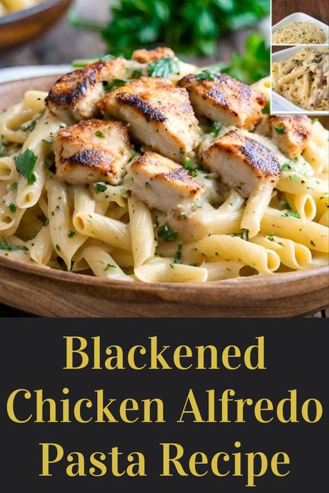 This recipe combines the creamy comfort of fettuccine alfredo with the smoky kick of blackened chicken. Juicy chicken breasts are coated in spice, seared, and nestled in a rich Parmesan-Pecorino cheese sauce. Toss with al dente pasta for a satisfying and flavorful meal, ready in 30 minutes. Easy Chicken Pasta Dishes, Blackened Chicken Alfredo Pasta, Blackened Chicken Alfredo, Blackened Chicken Recipe, Quick Dinner Options, Pasta Recipes Alfredo, Homemade Comfort Food, Chicken Alfredo Pasta, Blackened Chicken