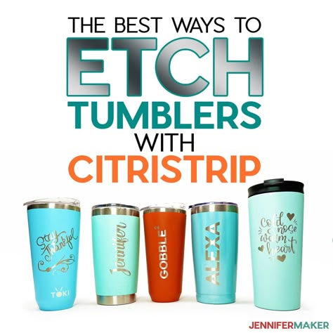 Etch Tumblers with Citristrip Easily and Safely - Two Ways to Success! - Jennifer Maker Etched Tumbler Ideas, Citristrip On Tumblers, Etching Tumblers, Stainless Steel Tumbler Ideas, Tumbler Room, Ideas For Tumblers, Diy Pantry Labels, Etched Tumblers, Cricut Videos