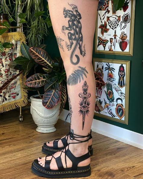 Panther Shin Tattoo, Dagger Leg Tattoo, Dagger Tattoo Women, Dagger Tattoo Traditional, Traditional Dagger Tattoo, Sick Shoes, Umbrella Tattoo, Abstract Tattoo Ideas, Shin Tattoo