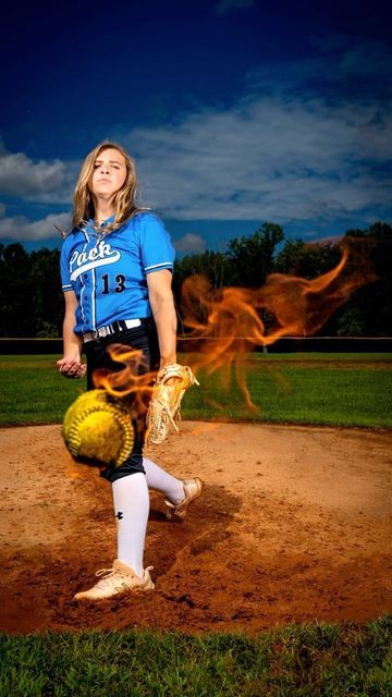 Senior Picture Ideas For Softball Players, Softball Pitcher Senior Pictures, Softball Pitcher Pictures Poses, Softball Pictures Poses Individual Pitcher, Softball Pictures With Fire, Softball Fire Pictures, Softball Poses Individual, Softball Photo Poses, Softball Photoshoot Ideas