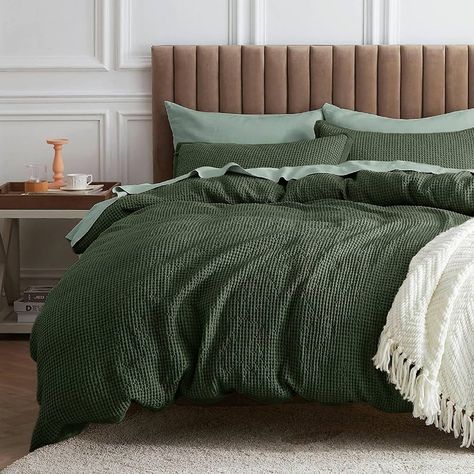 Amazon.com: Bedsure Waffle Comforter Set Queen, Hazel Soft Cotton Bedding Set for All Seasons, Waffle Weave Bed Set, 3 Pieces, 1 Comforter (90"x90") and 2 Pillow Shams, Premium Cotton Cover with Polyester Fill : Home & Kitchen Olive Green Duvet, Textured Duvet Cover, Textured Duvet, Green Duvet Cover, Green Comforter, Hawaii House, Green Duvet Covers, Green Duvet, Green Bedding