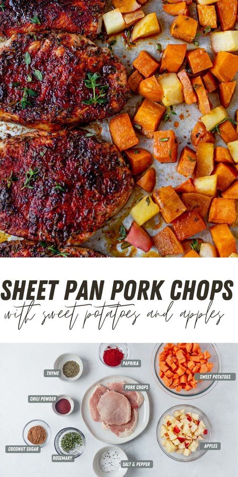 Pork Chops Sweet Potatoes Apples Crock Pot, Pork Chop Apple Sheet Pan Dinner, Sheet Pan Meals Pork Chops, Pork Chop One Sheet Pan, Baked Sheet Pan Recipes, Pork Chop Apple Sweet Potato Recipes, Roasted Pork Chops And Vegetables, Pork Chop Brussel Sprouts Sheet Pan, Boneless Pork Chop Recipes With Apples