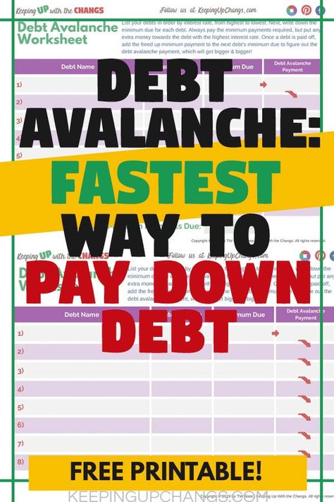 Free DEBT AVALANCHE worksheet printable tracker spreadsheet. See why this method of paying down your debt can accelerate reducing debt, saving money, and repairing or improving your credit score. Check how it compares to Dave Ramsey’s popular method of debt snowball. Use the free calculator to compare your payments and savings. Get tips to get yourself out of debt and onto a better life. Debt Avalanche Method, Reducing Debt, Debt Avalanche, Printable Tracker, Pay Off Debt, Debt Snowball, Improve Your Credit Score, Out Of Debt, Student Loan Debt