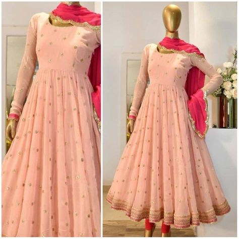 Chiffon Suits Indian Anarkali, Anarkali Dress With Border, Anarkali Dress Chiffon, Chiffon Anarkali Suits, Peach Anarkali Suits, Anarkali Models For Stitching, Chiffon Anarkali Dress, Anarkali Outfit, Casual Anarkali