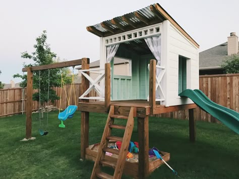 Diy Playhouse With Sandbox Underneath, Custom Built Playhouse, Diy Playhouse Swingset Plans, Diy Wooden Swingsets, Under Slide Ideas, Custom Playhouse Outdoor, Playhouse On Stilts, Play Structures For Kids Diy, Lean To Playhouse