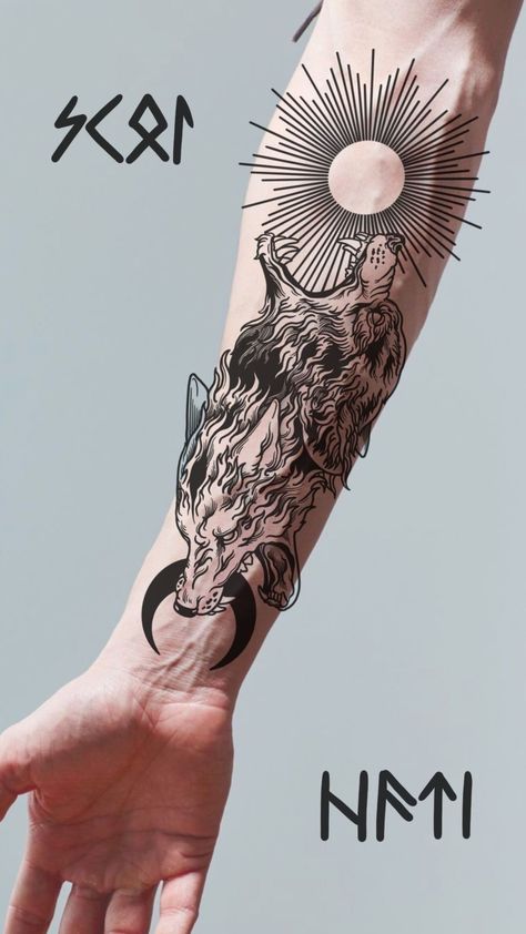 Shin Sleeves Tattoo, Skoll Hati Tattoo Design, Viking Tattoos Wolf, Skoll Hati Tattoo Norse Mythology, Skol And Hati Norse Tattoo, Sköll And Hati Wolves Tattoo, Norse Warrior Tattoo, Nordic Hand Tattoo, Art Viking Tattoo