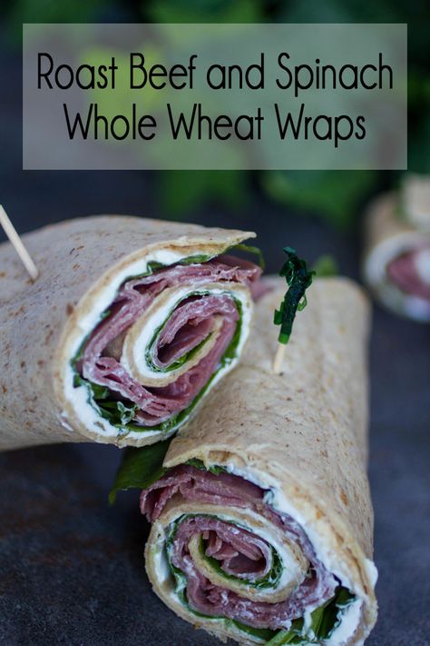 Roast Beef and Spinach Whole Wheat Wraps Wraps Pinwheels, Roast Beef Wrap, Beef Wraps, Spinach Wraps, Healthy Sandwiches, Feel Good Food, Simple Sandwiches, Lunch Specials, Sandwiches For Lunch