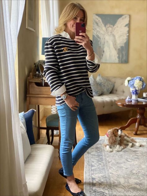 How to wear a breton top with a white shirt & skinny jeans in Spring . . . #ootd #wiw #lotd #over40 #over40fashion #fashion #midlifestyle #over40style #midlife #whattowear #howtostyle #style #stylingtips #springstyle #looksforspring #springfashion #whattowearinspring #springlooks #springstylingtips #ideasonwhattowearinspring Styling Breton Top, Turn Up Jeans, Boots Ootd, Straight Legged Jeans, Midlife Fashion, Embroidered Summer Dress, Breton Top, Spring Ootd, Stripe Jumper