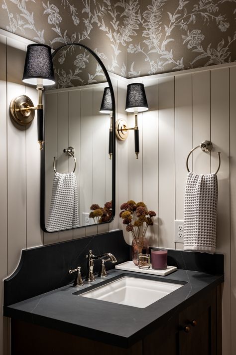 Chic powder room wtih shiplap and wallpaper accent, counter top details and cottage vibe. Half Bath Countertop, Half Bathroom Ideas Black Vanity, Monochrome Powder Room, Colonial Chic Bathroom, Statement Half Bath, Wallpaper And Wainscoting Bathroom, Powder Room With Tile Accent Wall, Moody 1/2 Bath, Shiplap And Wallpaper Bathroom