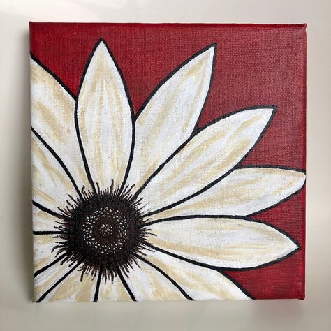 Acrylic painting of flower on stretched canvas. White/cream petals with black/brown center and deep red/crimson background. Maroon Painting Canvas, Painting Ideas Red Background, Paintings With Red Background, Half Flower Painting, Red Canvas Painting Ideas, Floral Acrylics, Painters Tape Art, Crimson Background, Flower Canvas Painting